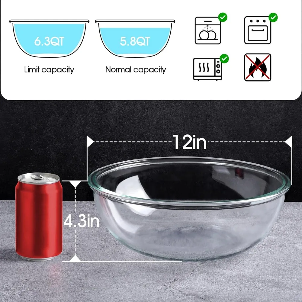 

6.4QT Large Glass Mixing Bowl, Thick Tempered Glass for Baking, Salad Prep & Food Storage, Dishwasher/Microwave Safe