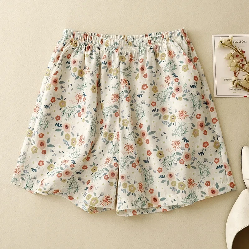 Women's Boho Style Floral Printed Cotton Linen Shorts Korean Cute Casual Loose Summer Shorts Green Beige Pink Shorts