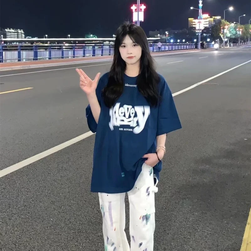 DAYIFUN-Women's Short-Sleeved O-Neck Cotton T-shirt Summer Streetwear Korean Loose Casual Tops Oversized Graphic Tees New 2023