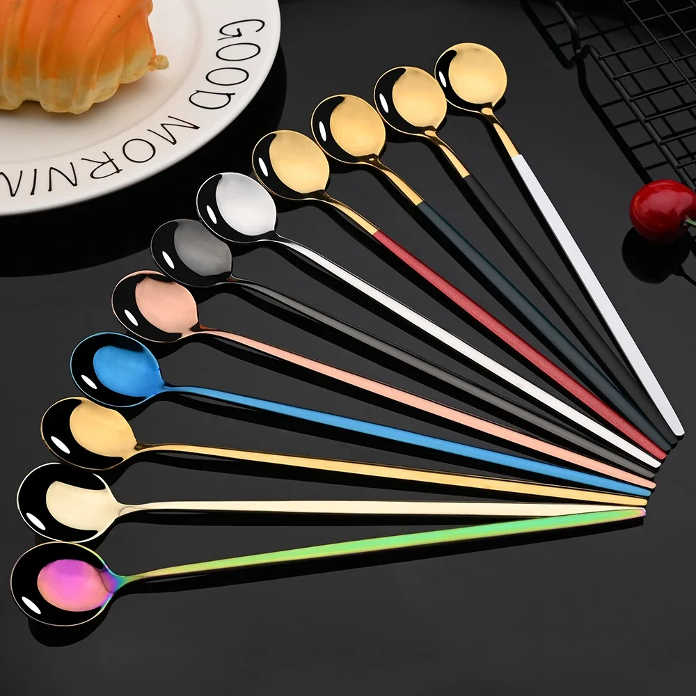 6Pcs Long Handle Ice Spoon Coffee Tea Stir Spoon Stainless Steel Gold Cutlery Set Dinnerware Kitchen Dinner Flatware Set