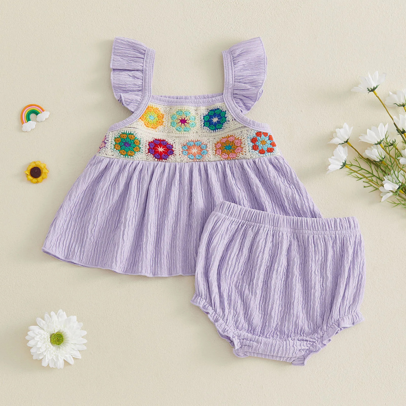 2Pcs Baby Girl Summer Outfits Ruffle Sleeveless Crochet Flower Tops + Shorts Set Toddler Clothes