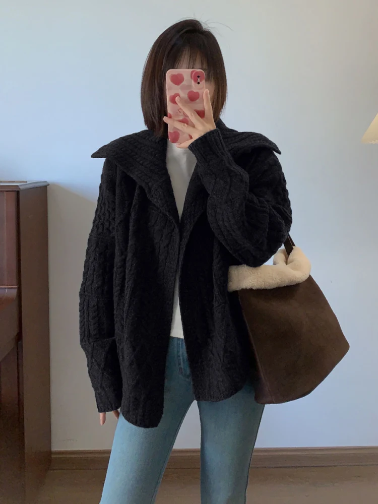 

Retro Turtlene Twist Knit Sweater Cardigan Women's Thiened Knitted Top Lazy High-End Early Spring New Sle Korean Sle
