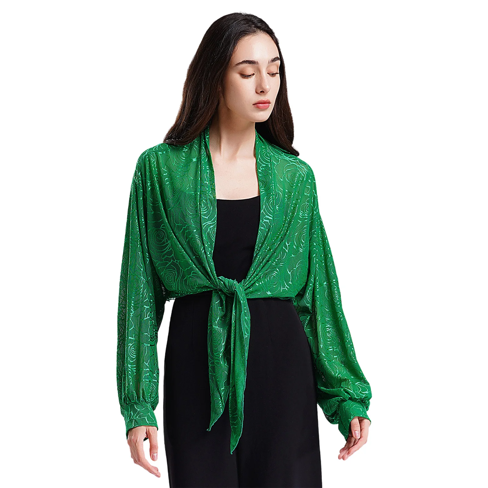 Elegant Womens Floral Sheer Mesh Wraps Shawls Bridal Bolero Cardigan Long Sleeve Open Front Lace-Up Shrug Casual Evening Wraps