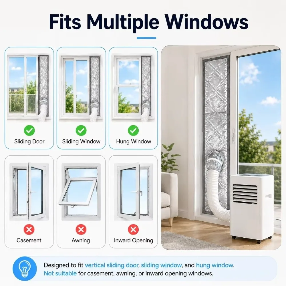 Silver Coated Portable AC Window Seal Oxford Fabric Heat Insulation Air Conditioner Window Seal Waterproof Drawstring Cuff