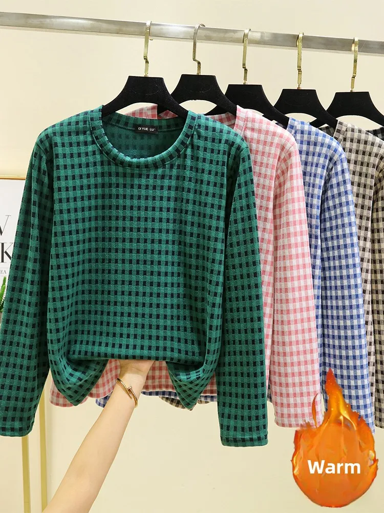 

Теплая клетчатая футболка Thiened Fce, женская свободная домашняя одежда, топ, круглый топ Ne Long Sve, зимняя теплая одежда