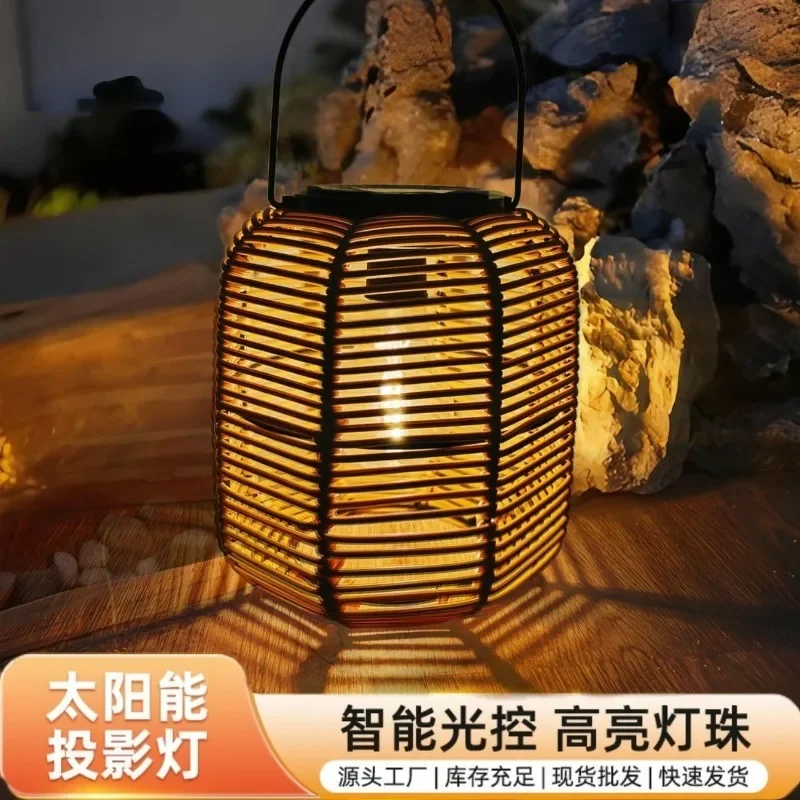 Outdoor Solar Imitation Rattan Lantern Courtyard Balcony Garden Decoration Candle Lights Creative Atmosphere Bamboo Chandelier