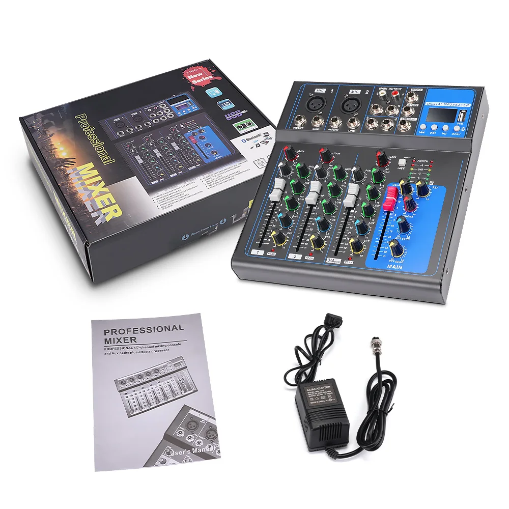 جهاز مزج الصوت الصوت خلط وحدة التحكم جهاز التحكم في الصوت USB كارت الصوت المهنية 4 قناة بلوتوث للكمبيوتر المنزل كاريوكي