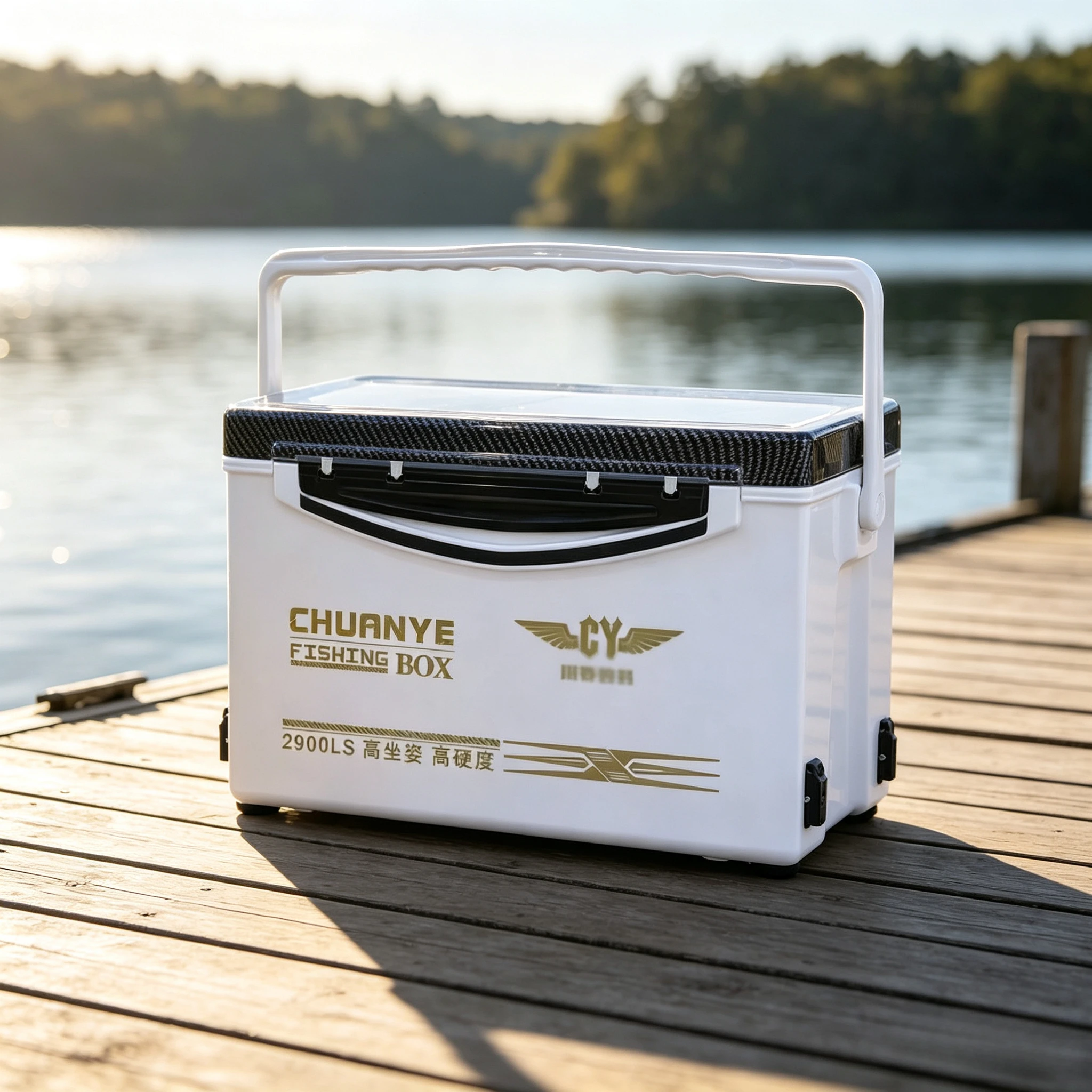 Fishing Cooler Box with Built-In High Seat, Carbon Texture Flat Top, Stainless Steel Hardware Lightweight Insulated Heavy Duty