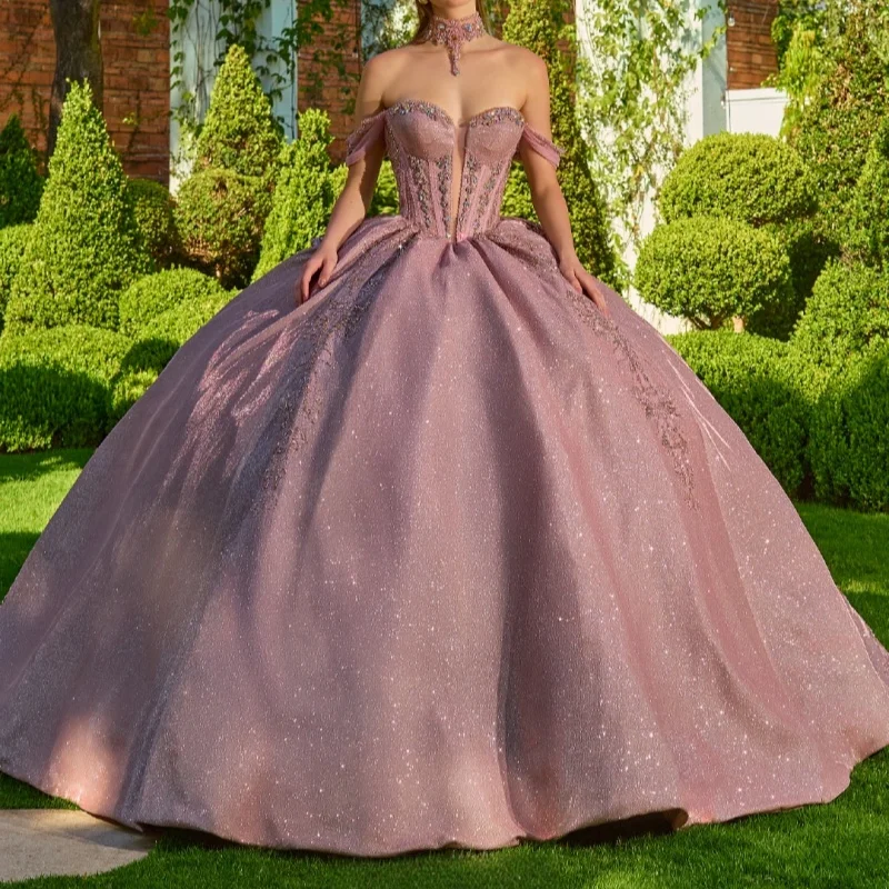 

Shiny rose pink Quinceanera Dress Flower crystal Sequins Decal Lace layering Long tail Bow Vestidos De 15 Quinceanera ﻿Customiz