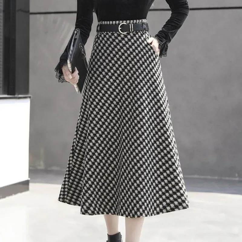 New Autumn/Winter Fashion Versatile Thousand Bird Plaid Woolen High Waist A-line Loose Mid Length Large Swing Half Length Dress