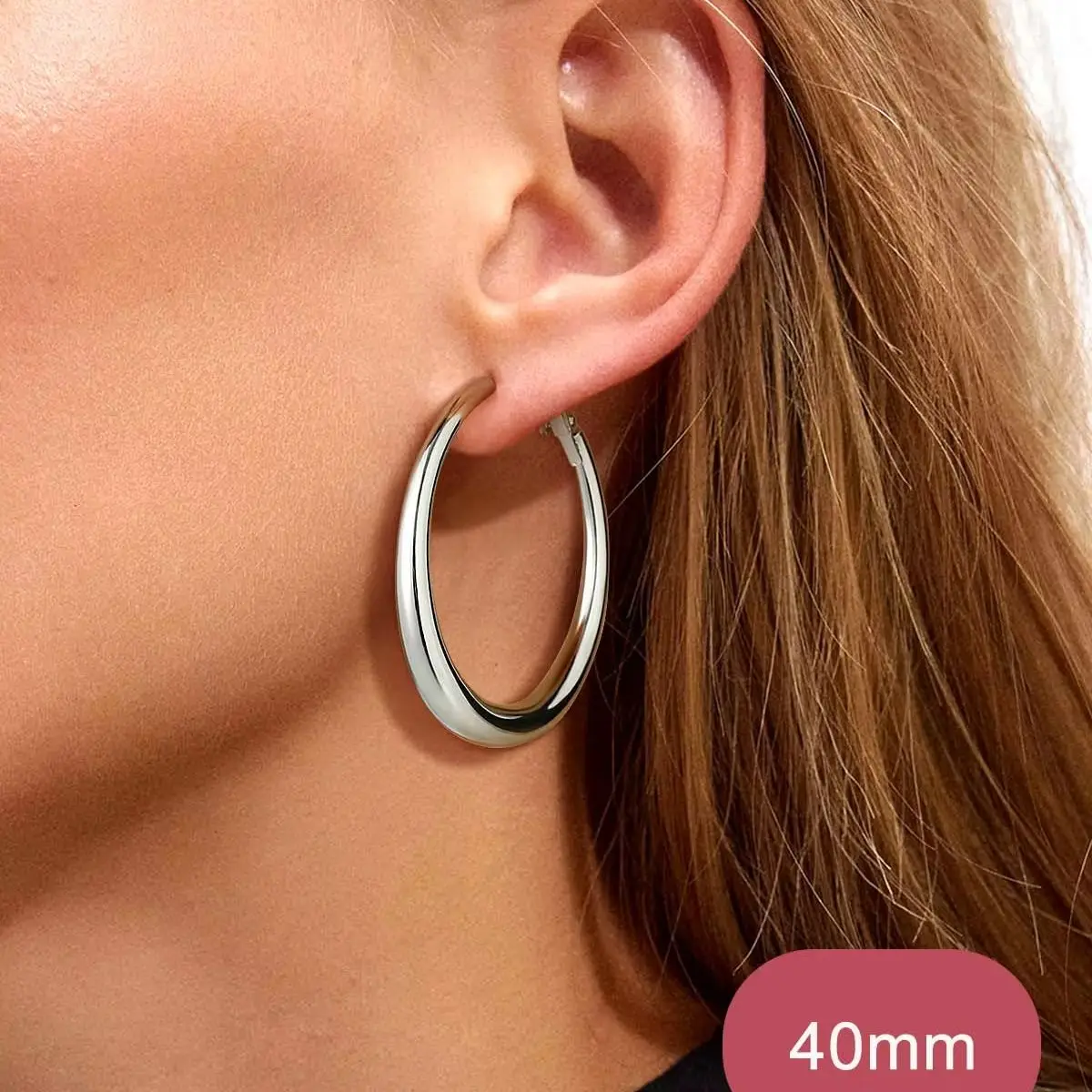U7 Stainless Steel Hollow Inside 40/60/80mm Round Hoop Earrings for Woman Light Weight 5mm Wide Chunky Hyperbold Daily Jewelry