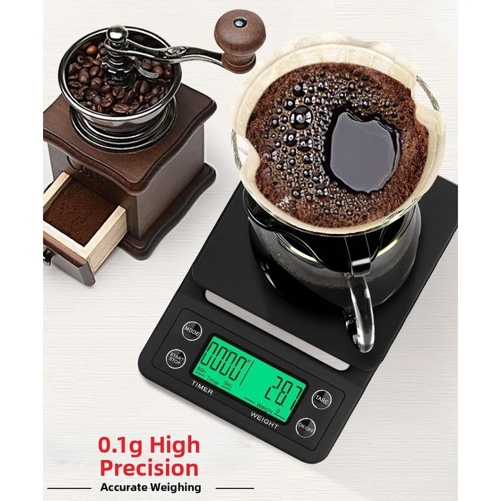Coffee Scale with Programmable Timer for Brew Timing Control 3kg Capacity 0.1g Accuracy ABS Body Green Backlit LCD Readout