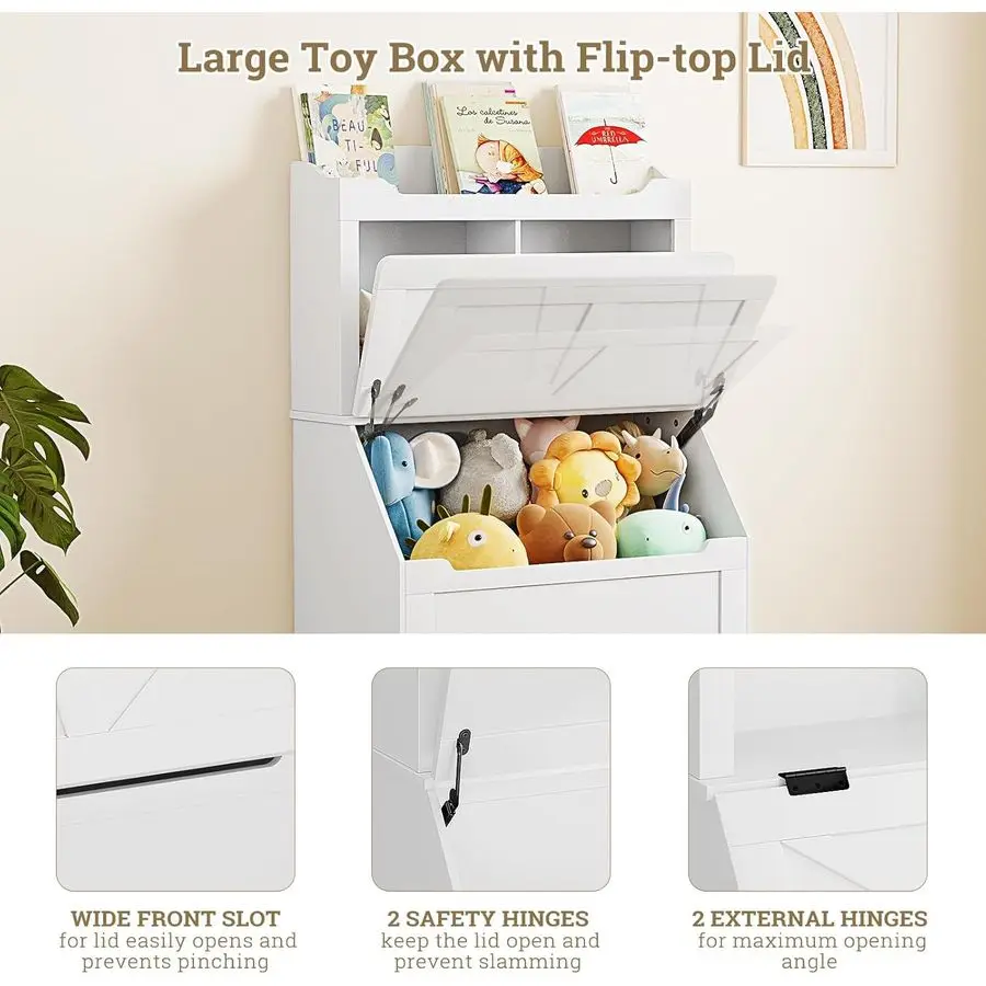 어린이 책장, 플립탑 뚜껑과 수납칸이 있는 장난감 보관함, 놀이방, 어린이 방, 침실에 적합한 나무 어린이 책장