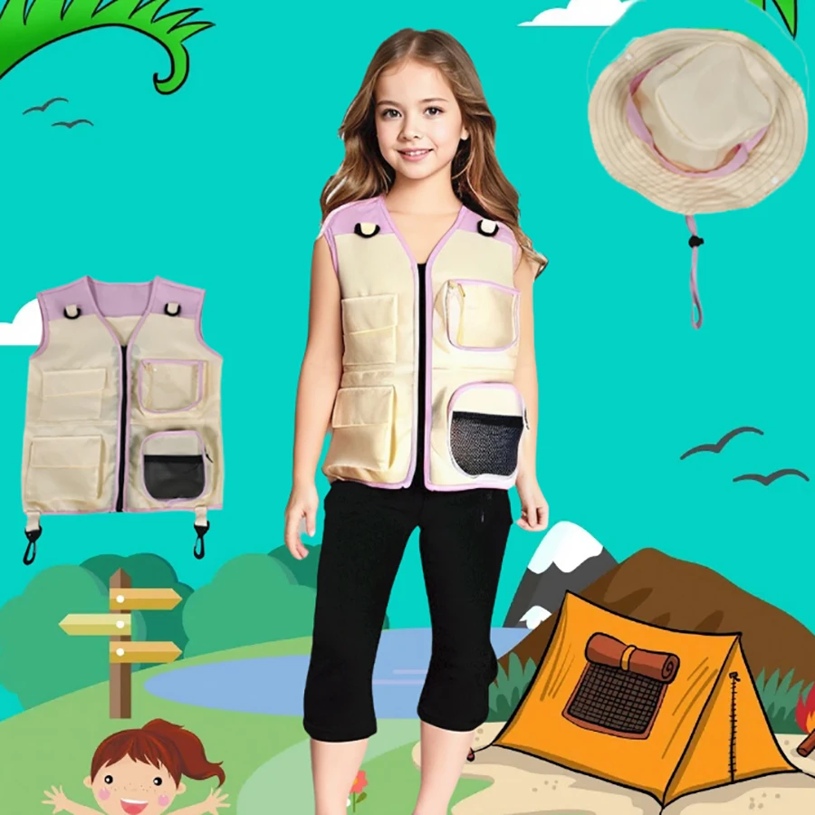 Children Explorer Vest Hat Suit Outdoor Adventure Clothes Multiple Pockets Kids Camping Insect Fishing Party Cosplay Costumes