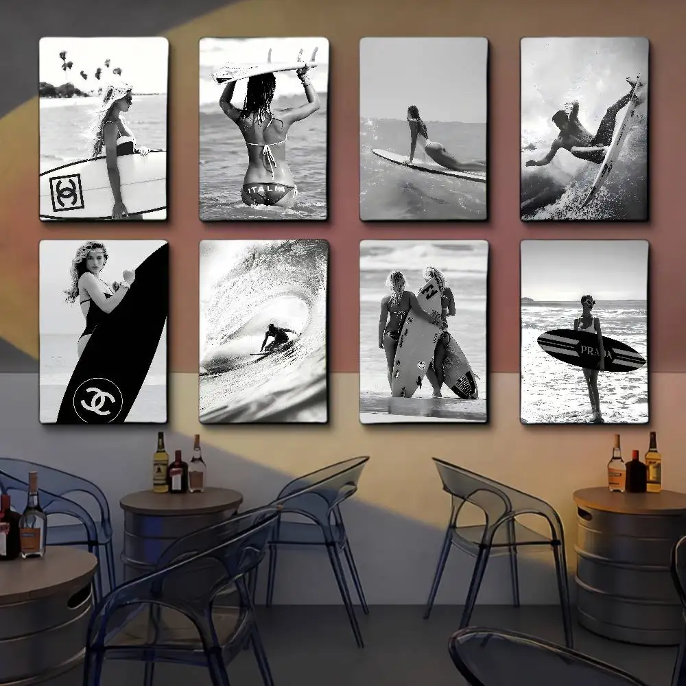 Black And White Surfboard Classic Movie Posters Waterproof Paper Sticker Coffee House Bar Decor Art Wall Stickers