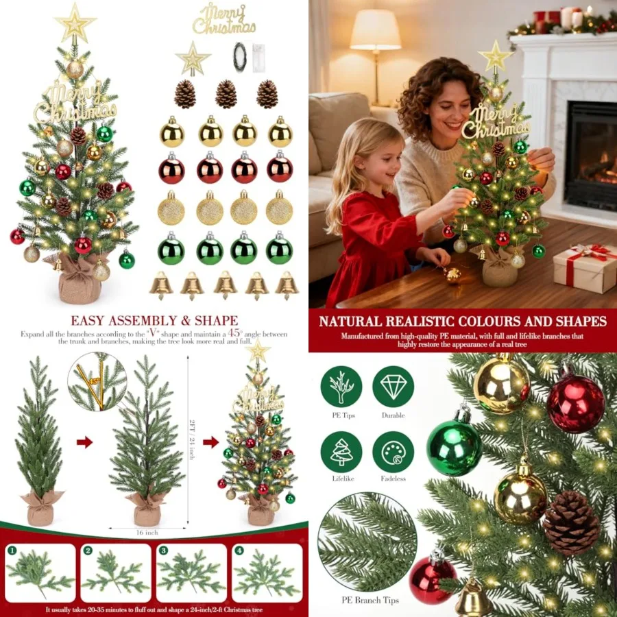 

2FT Mini Christmas Tree, Tabletop Christmas Tree with 30 LED Lights - Timer and 26 DIY Ornaments, 24 Inch Artificial Small Chri