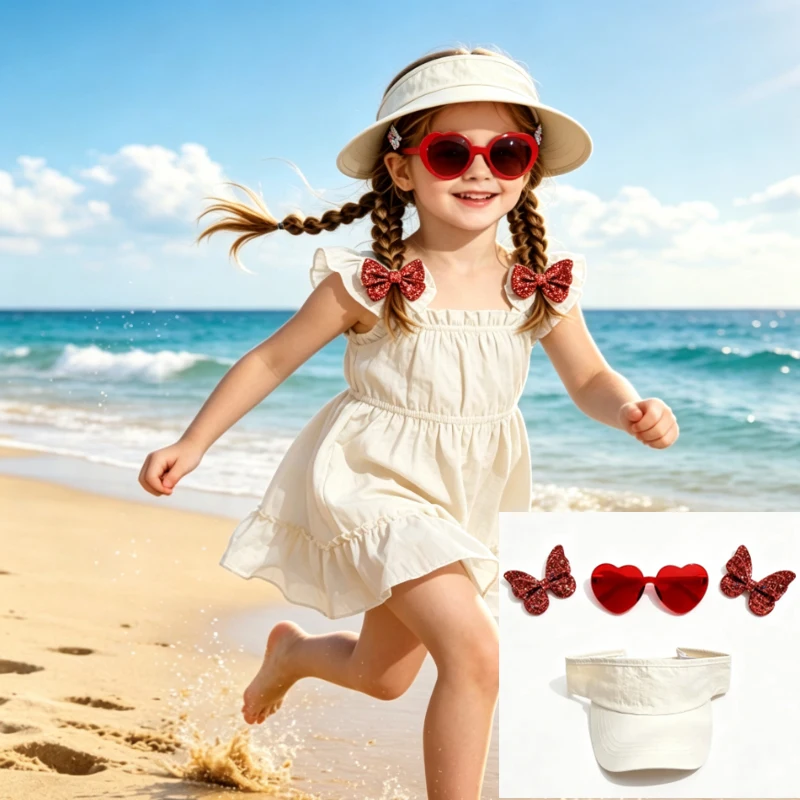 4Pcs/Girls Heart Sunglasses with Visor Hat and Sequin Butterfly Clips Set Kids Summer Sun Protection Outdoor Beach Accessory