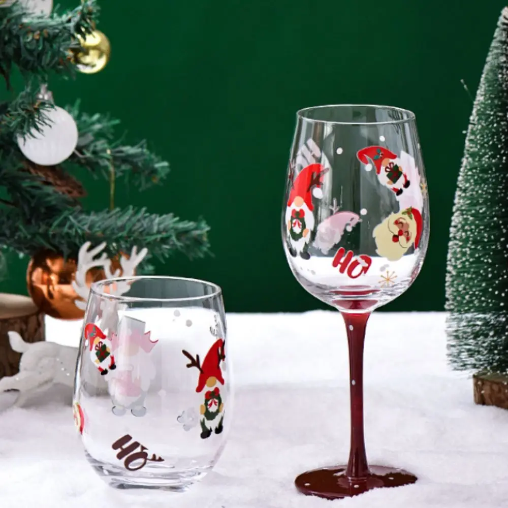 

Hand Painted Christmas Theme Glass Goblet Santa Claus Snowman Pattern Transparent Red Wine Glass Cartoon Crystal Cups