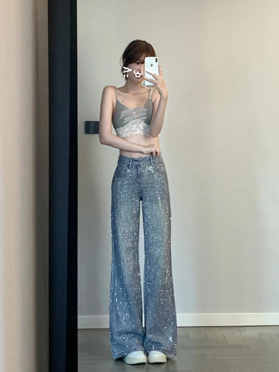 ReddaChic ICON 라인 석 장식 여성 청바지 파티 반짝이 수염 높은 허리 와이드 캐주얼 바지 바지 레트로 Y2k 의류