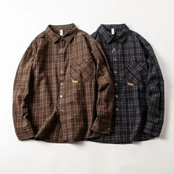 American retro check shirt men's Korean versatile long sleeve 100% cotton shirt vintage loose couple shirt coats stylish patch