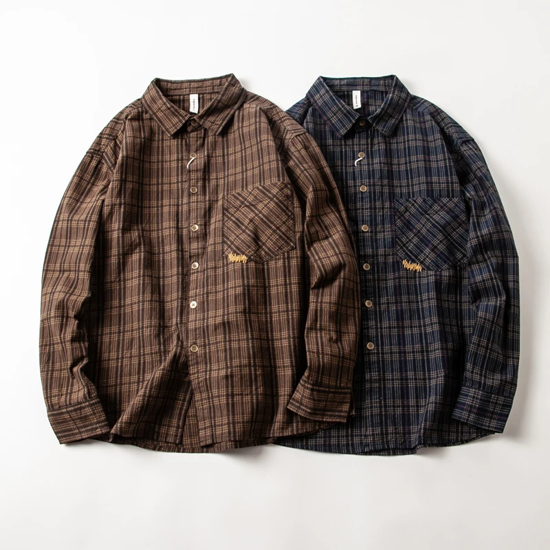 American Retro Check Shirt Men's Korean Versatile Long Sleeve 100% Cotton Shirt Vintage Loose Couple Shirt Coats Stylish Patch