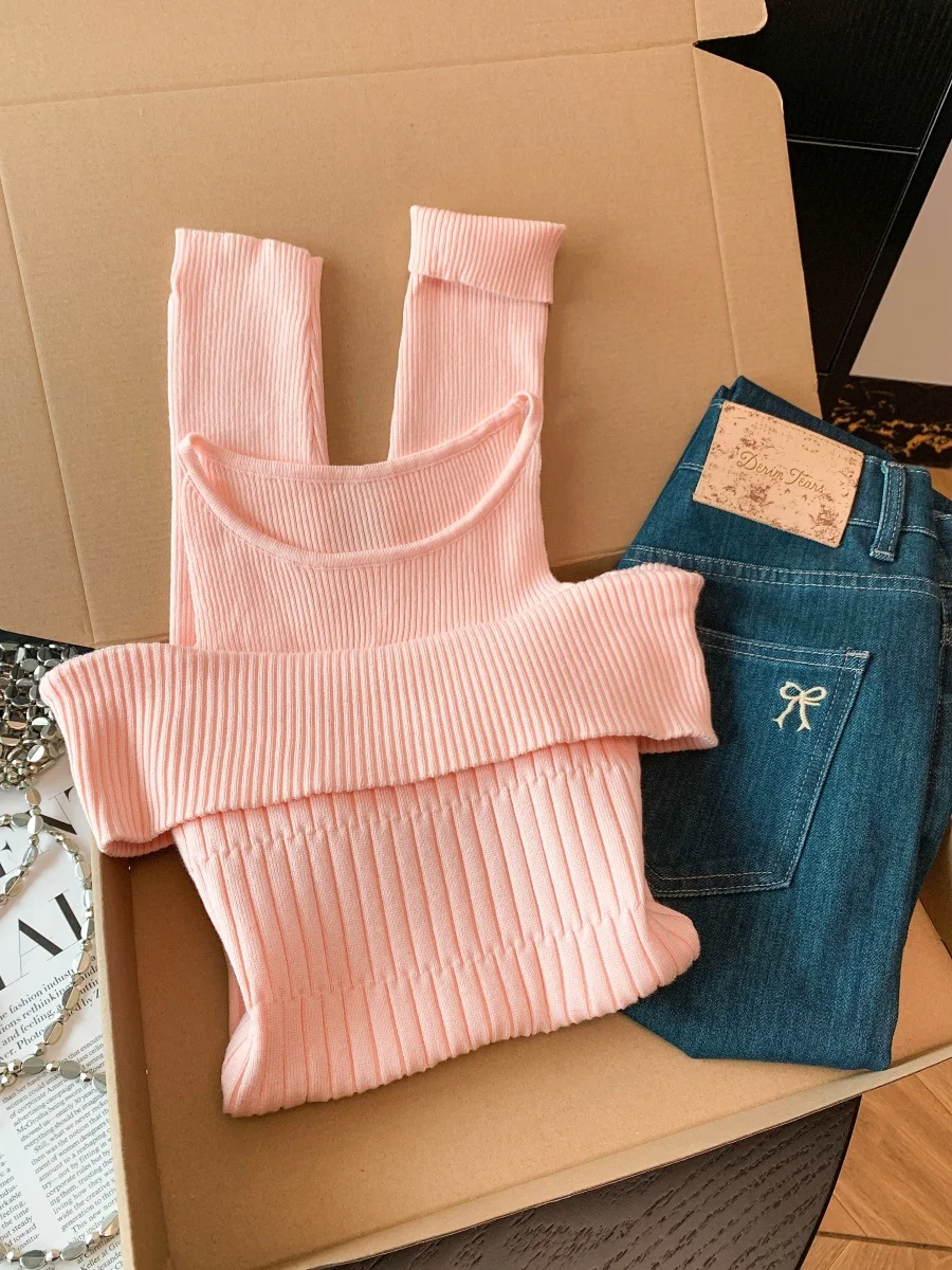 

Sweet Sle Knitted Sweater oulder Bared Neline Long Sve round Collar Pure Color Commute Korean Version Slim Fit Top
