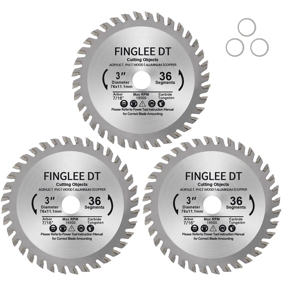 

3 Inch TCT Circular Saw Blade 36 Teeth for Wood, Plastic, PCV, Acrylic, Plywood, 7/16'' Arbor, Supplied with 3/8" Bushing (3Pcs)