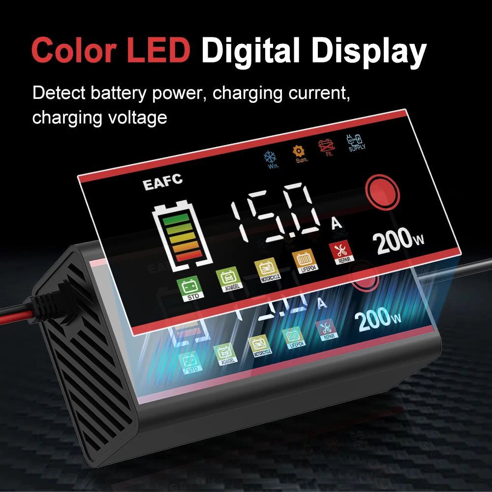 EAFC 200 واط/100 واط شاحن بطارية السيارة 12 فولت 15A 8A جهاز شحن أوتوماتيكي وبطارية الرصاص الحمضية LiFiPO4 ، جل ، بطارية AGM