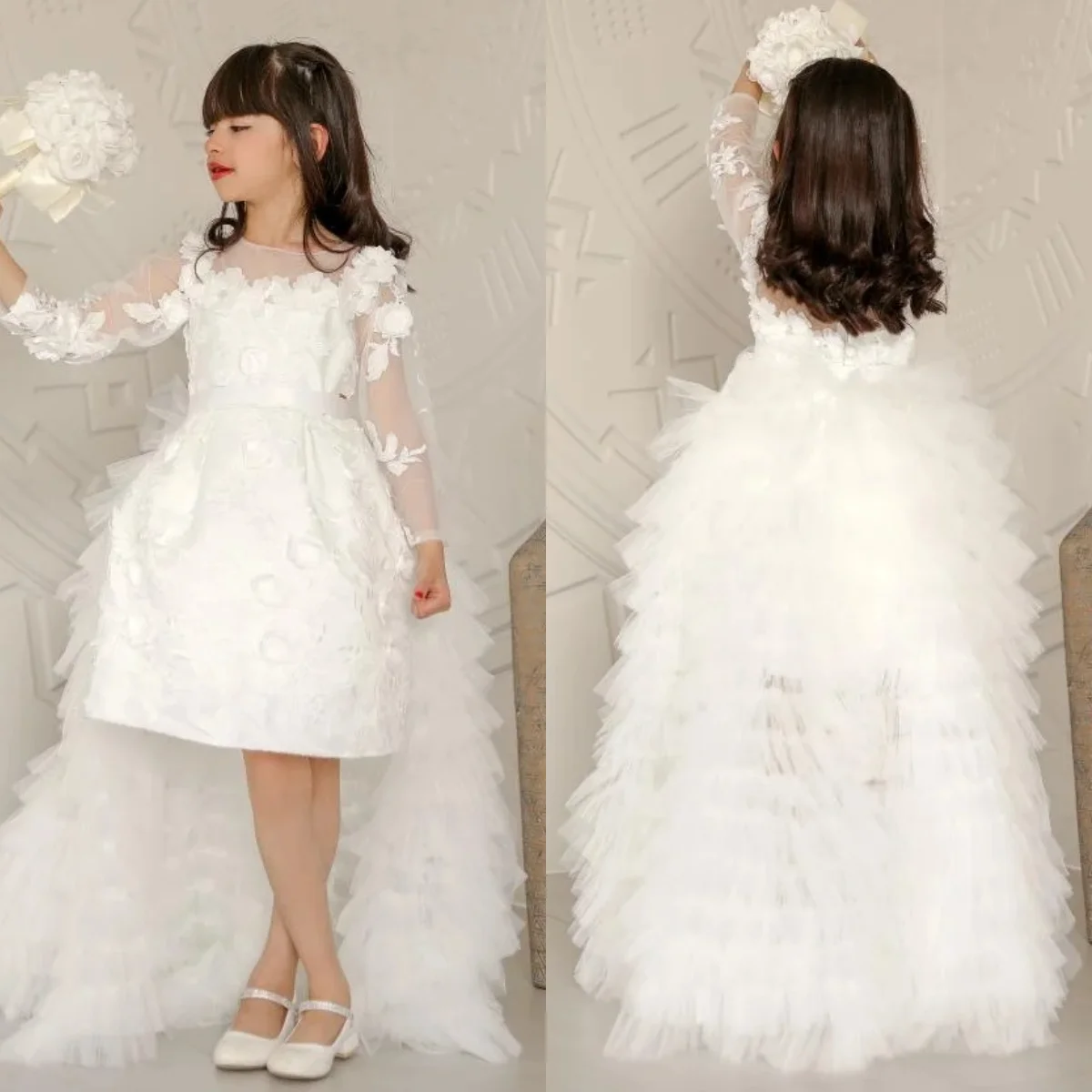 Robes de demoiselle d'honneur élégantes en dentelle avec jupe détachable pour mariage, robes de princesse personnalisées pour anniversaire de bébé, robe de première Communion