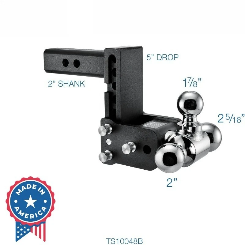 Tow & Stow Adjustable Trailer Hitch Ball Mount - Fits 2" Receiver, Tri-Ball (1-7/8" X 2" X 2-5/16"), 5" Drop