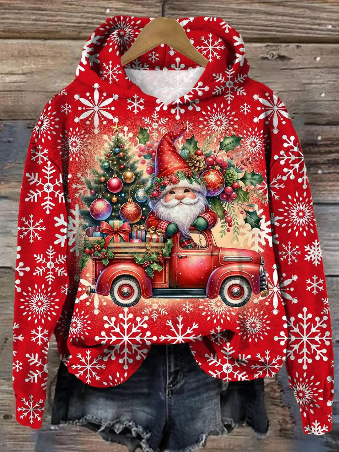 Women\'s 3D Christmas Angora Red Printed Long Sleeve Loose Hooded Sweatshirt 2024 Santa Claus Ladies Casual Long Sleeve Pullover