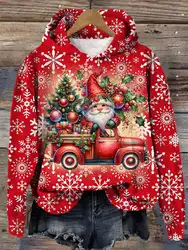 Women's 3D Christmas Angora Red Printed Long Sleeve Loose Hooded Sweatshirt 2024 Santa Claus Ladies Casual Long Sleeve Pullover