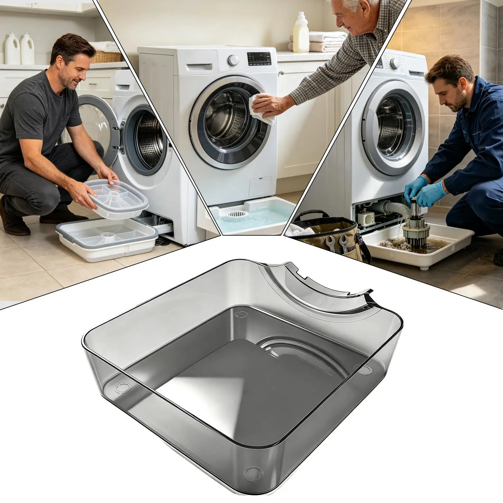 Front Load Washing Machine Drain Tray, Home Washer Drain Pan Reusable Lint Filter Accessory with Funnel for Clean Dry Floor