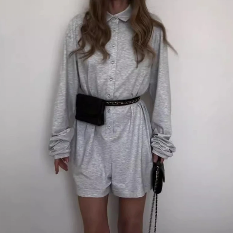 Women's POLO Collar Single Breasted Long Sleeved Loose Casual Comfortable Solid Color Jumpsuit Shorts