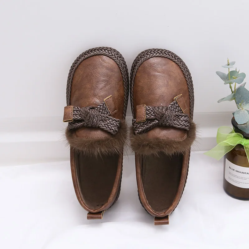 Spring 2025 round Toe Flat Bottom Fur Casual Comfortable Soft Sole Slip-On Single Shoes Artistic Style Daily Wear PU Leather