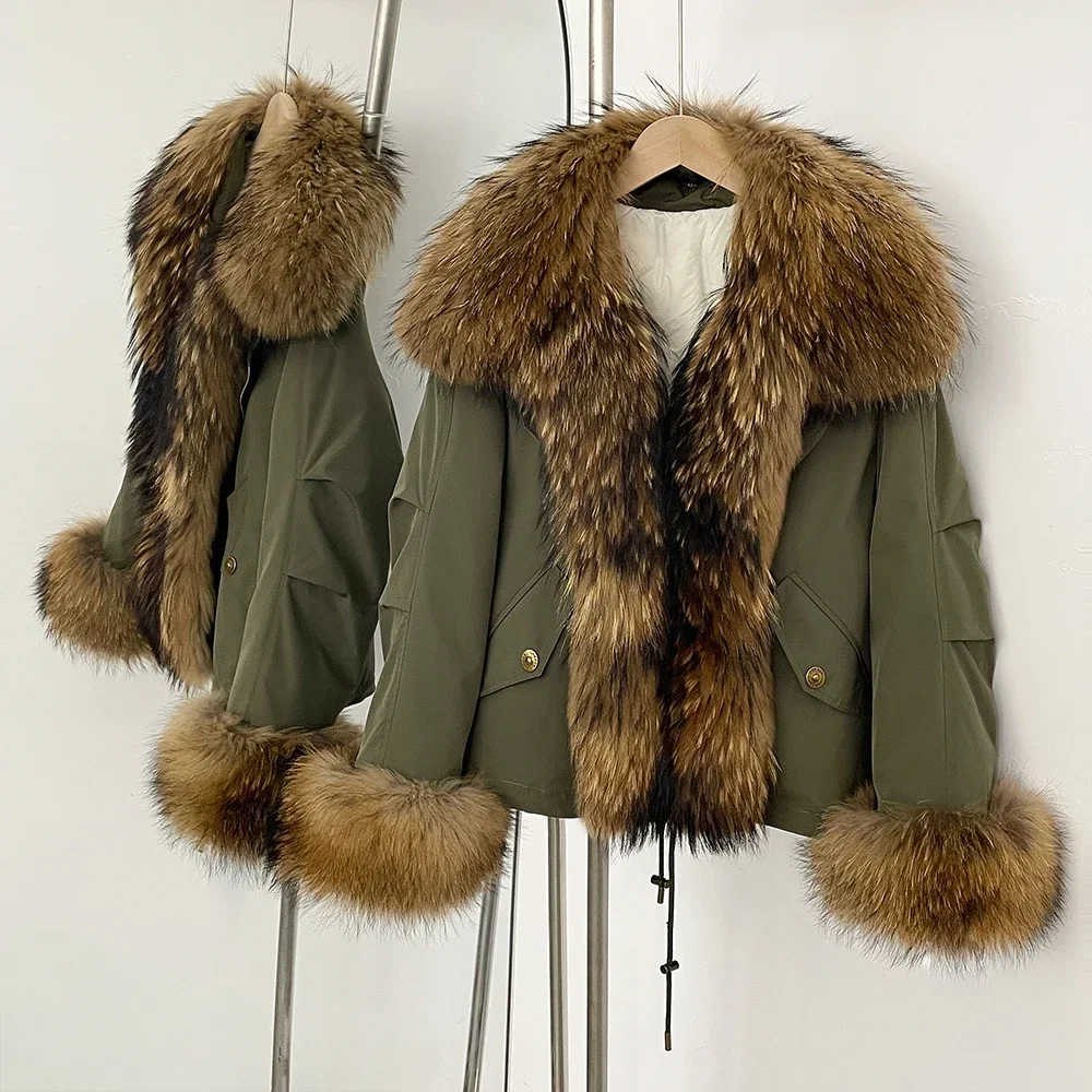 White Duck Down Reality Fur Coat Women New Fox Fur Collar Autumn Winter Fashion Warm Coat Natural Raccoon Fur Puffer Jacket