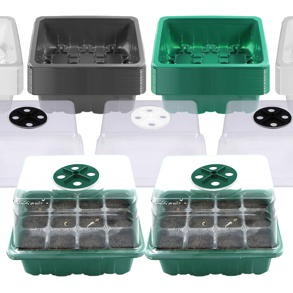 3-colors 12 Cells Nursery Seedling Trays Plant Seed Starting Pots Germinating Transparent Cover Growth Pots Adjustable Humidity