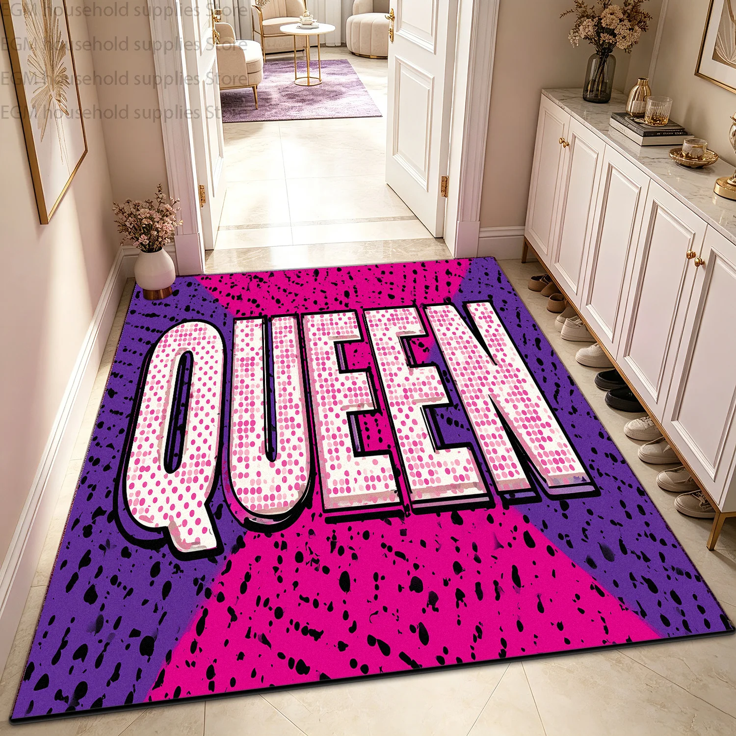 Trendy Pink Purple Queen Letter Print Carpet Pop Art Bedroom Large Rug Soft Non-slip Washable Living Room Entrance Floor Mats
