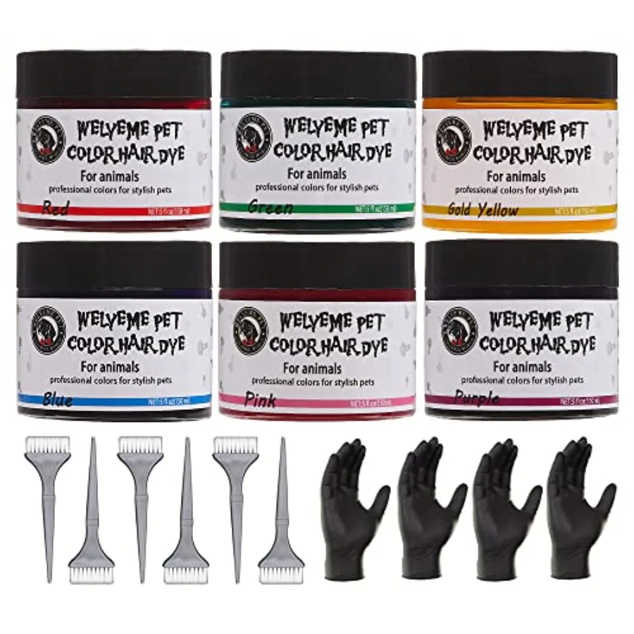 

Набор для окрашивания шерсти животных - перманентная нетоксичная безопасная краска, кисти, перчатки, 6 цветов