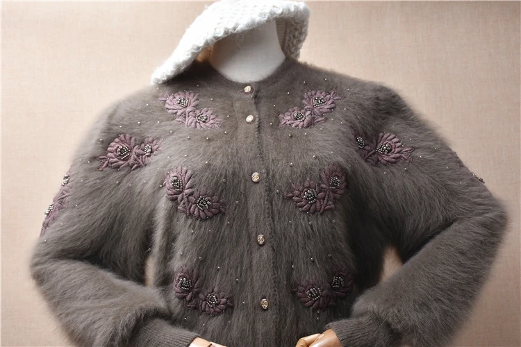 Women Mujer Autumn Winter Crochet Top Vintage Beading Hairy Angora Rabbit Fur Loose Cardigans Outerwears Sweater Jacket Pull