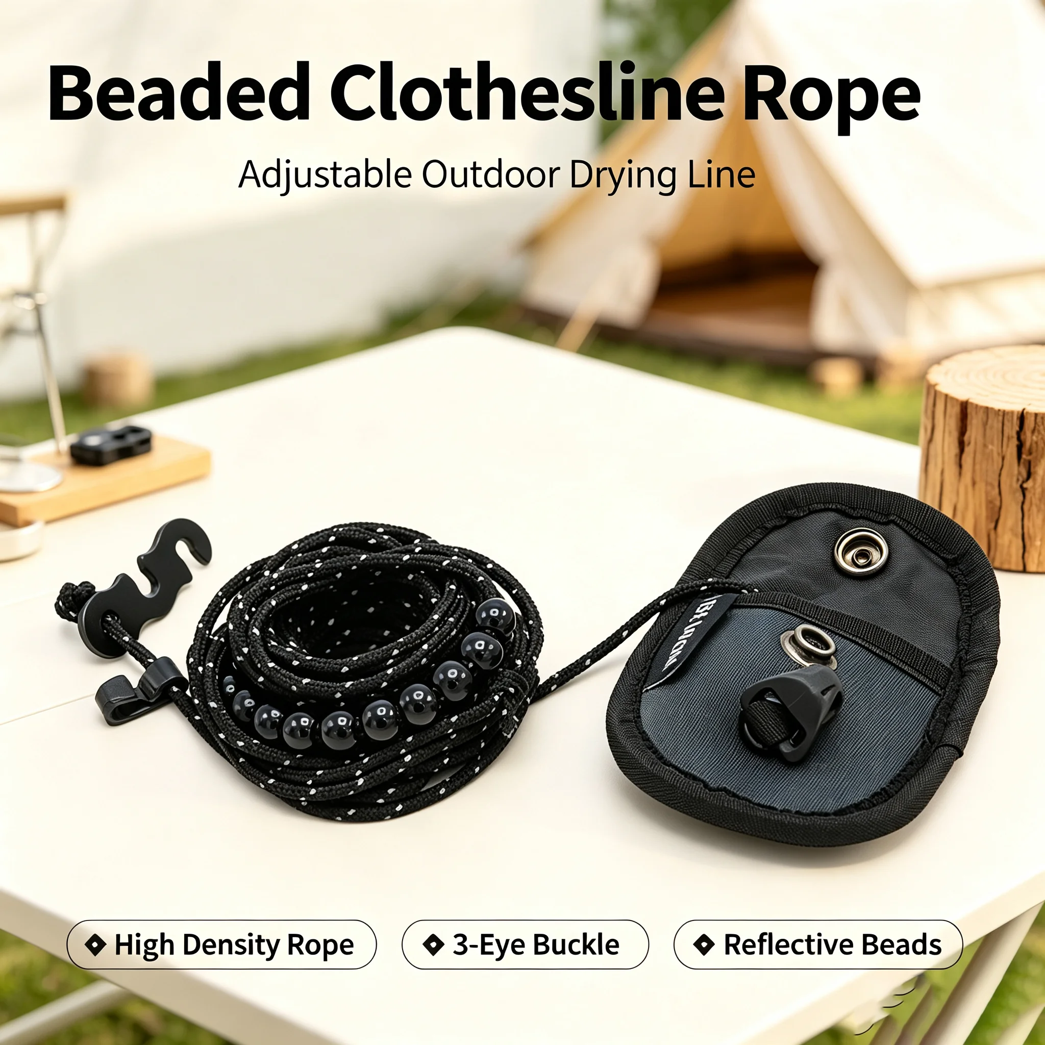 Beaded Clothesline Rope With Anti‑Slip Beads, For Camping Travel, Wind‑Resistant No Clips Needed
