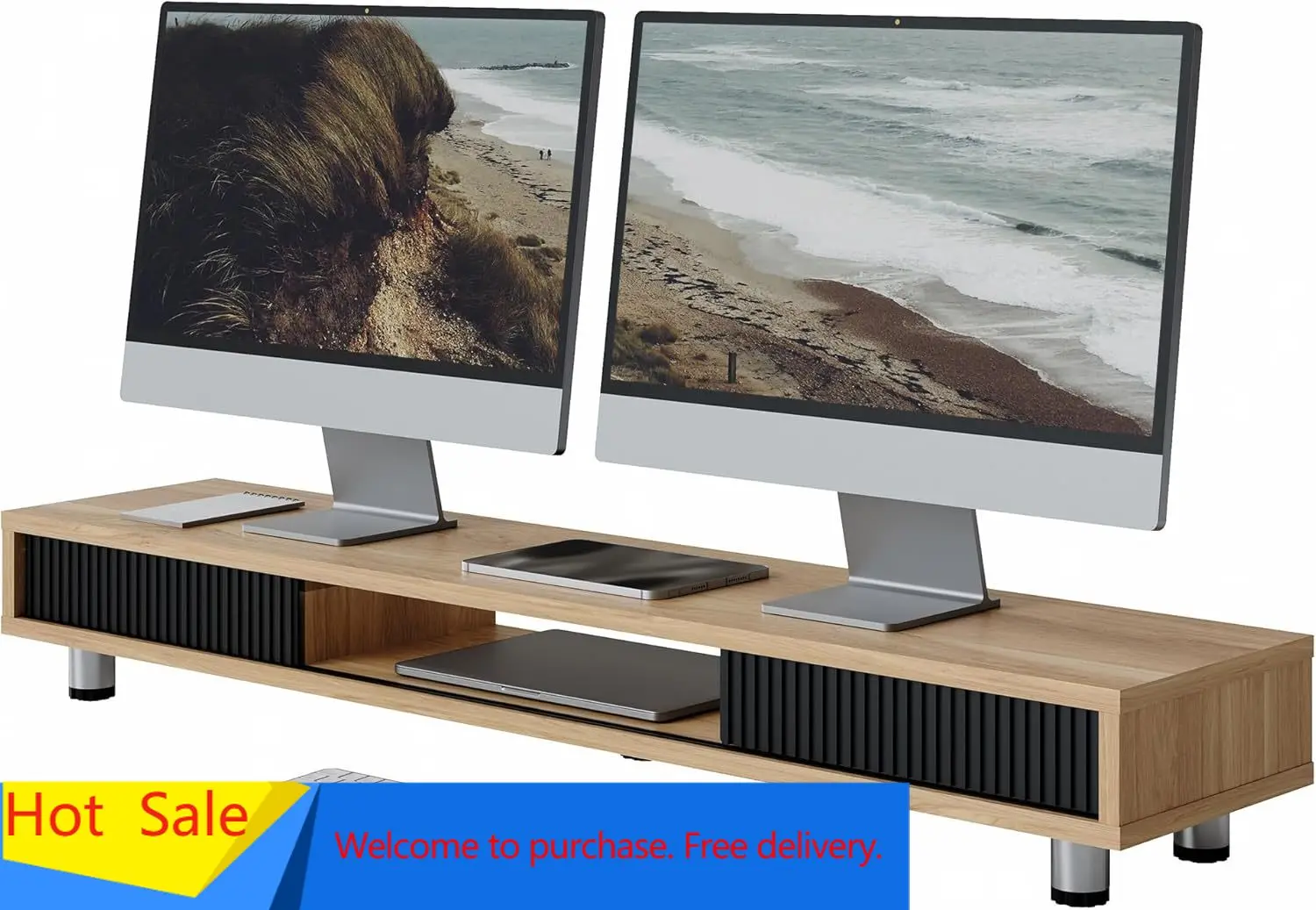 

Dual Monitor Stand, 42.5inch Long Monitor Stands Riser for 2 Monitors, Sliding Door with Storage Organizer Stand for Desk, 2 Tie
