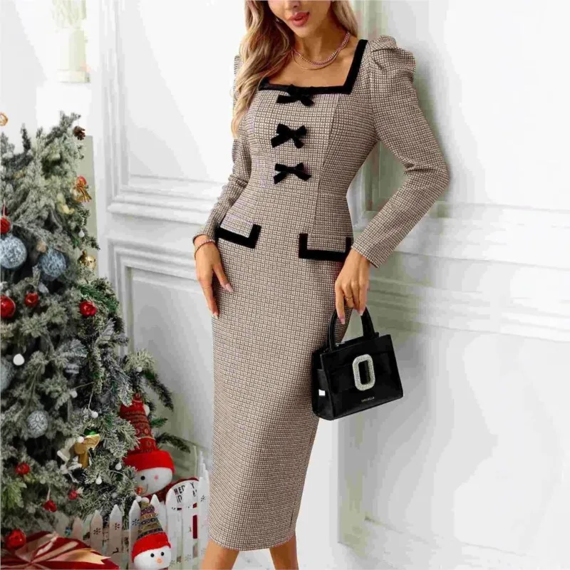 

New Elegant Pencil Midi Dress 2026 Spring Autumn Square Neck Long Sleeves Bowknot Slim Bodycon Dresses Office Lady Work Vestidos
