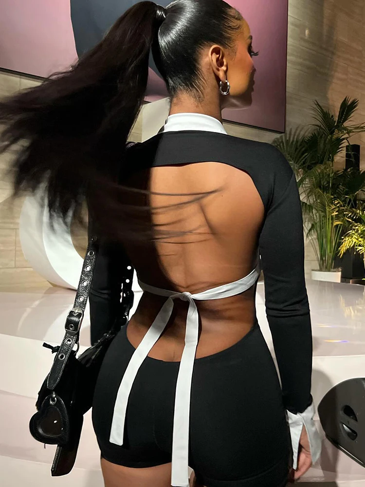 

InGrily Sexy Backless Sexy Playsuits Women Bandage Hollow Polo Neck Full Sleeve Contrast Hipster High Street Clubwear Romper
