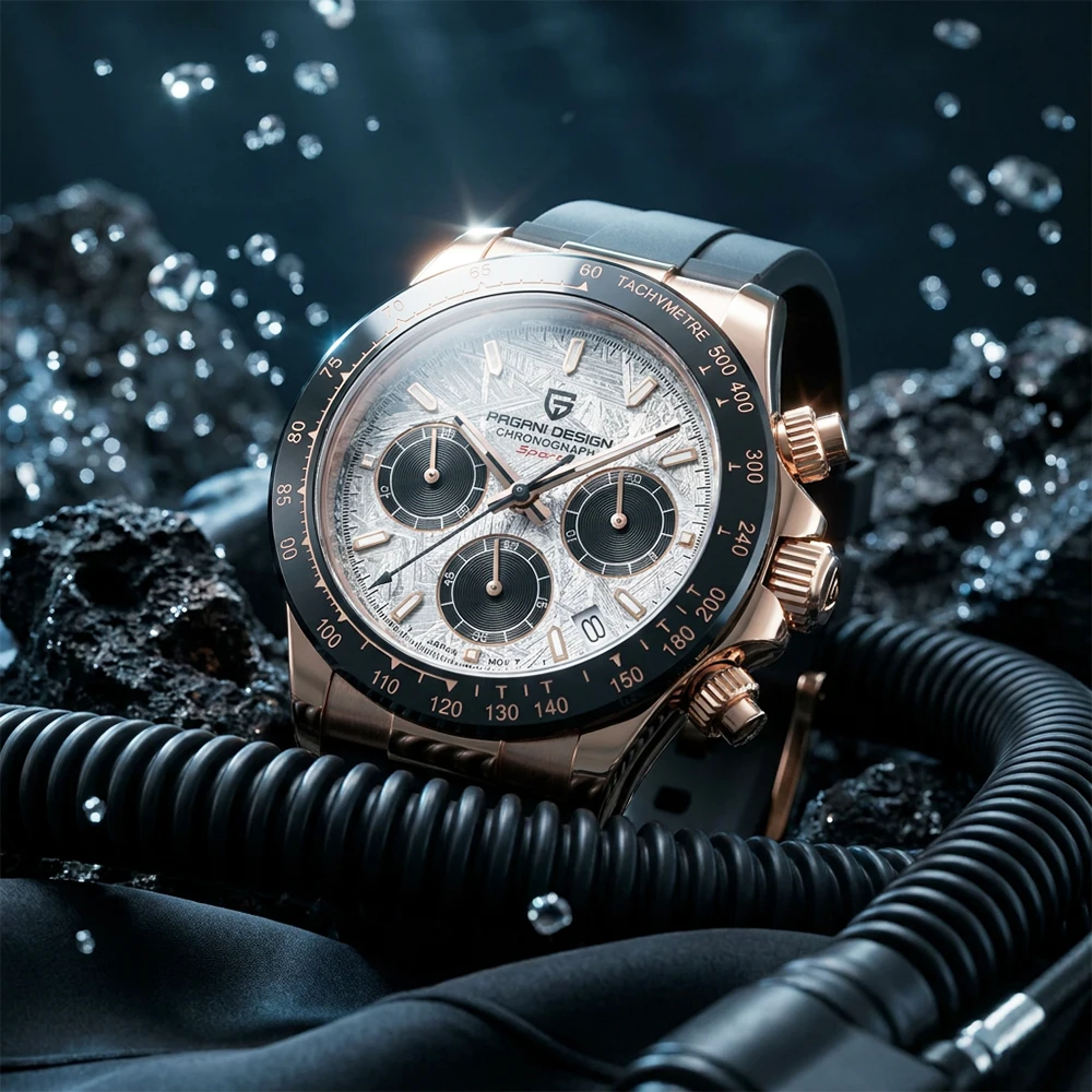 Montre chronographe PAGANI DESIGN pour homme 2026, or rose, 40 mm, cadran en météorite, verre saphir, étanche 100 m, bracelet en caoutchouc, montre sport à quartz pour homme, Reloj Hombre + boîte cadeau