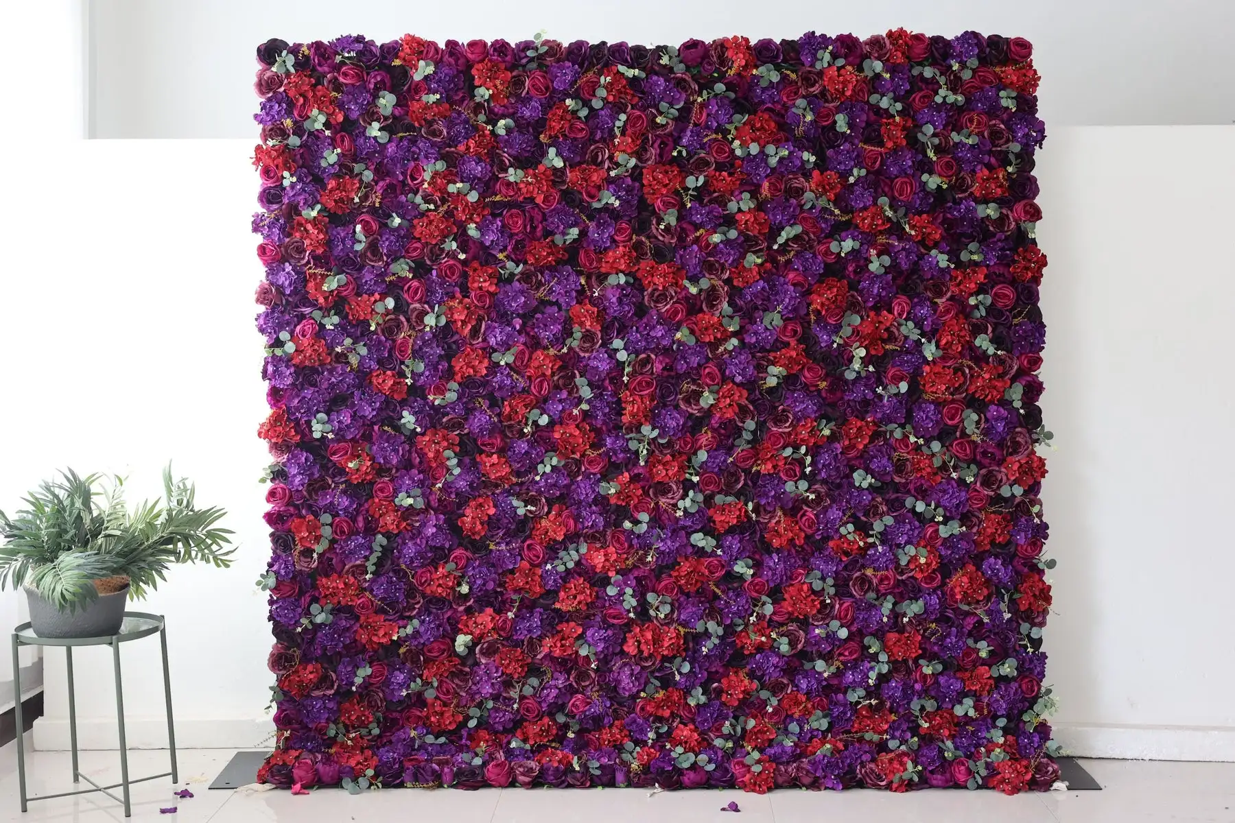 

Royal Series Luxury Dark Purple Rose Red Hydrangea 3D mixed floral fabric flower wall wedding background Green curtains