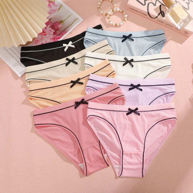 8 ks/sada sexy pruhované kalhotky pro ženy, bezešvé, roztomilé kalhotky s mašlí, nové měkké útulné kalhotky, moderní prodyšné spodní prádlo 2025 - náhled 2