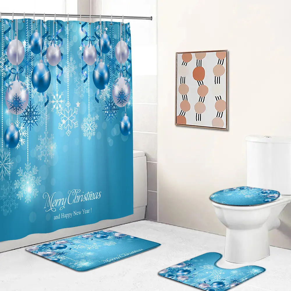 Christmas Shower Curtains Set Blue Rope Ball Snowflake Xmas New Year Home Bathroom Decor Bath Mats Non-Slip Rug Toilet Lid Cover