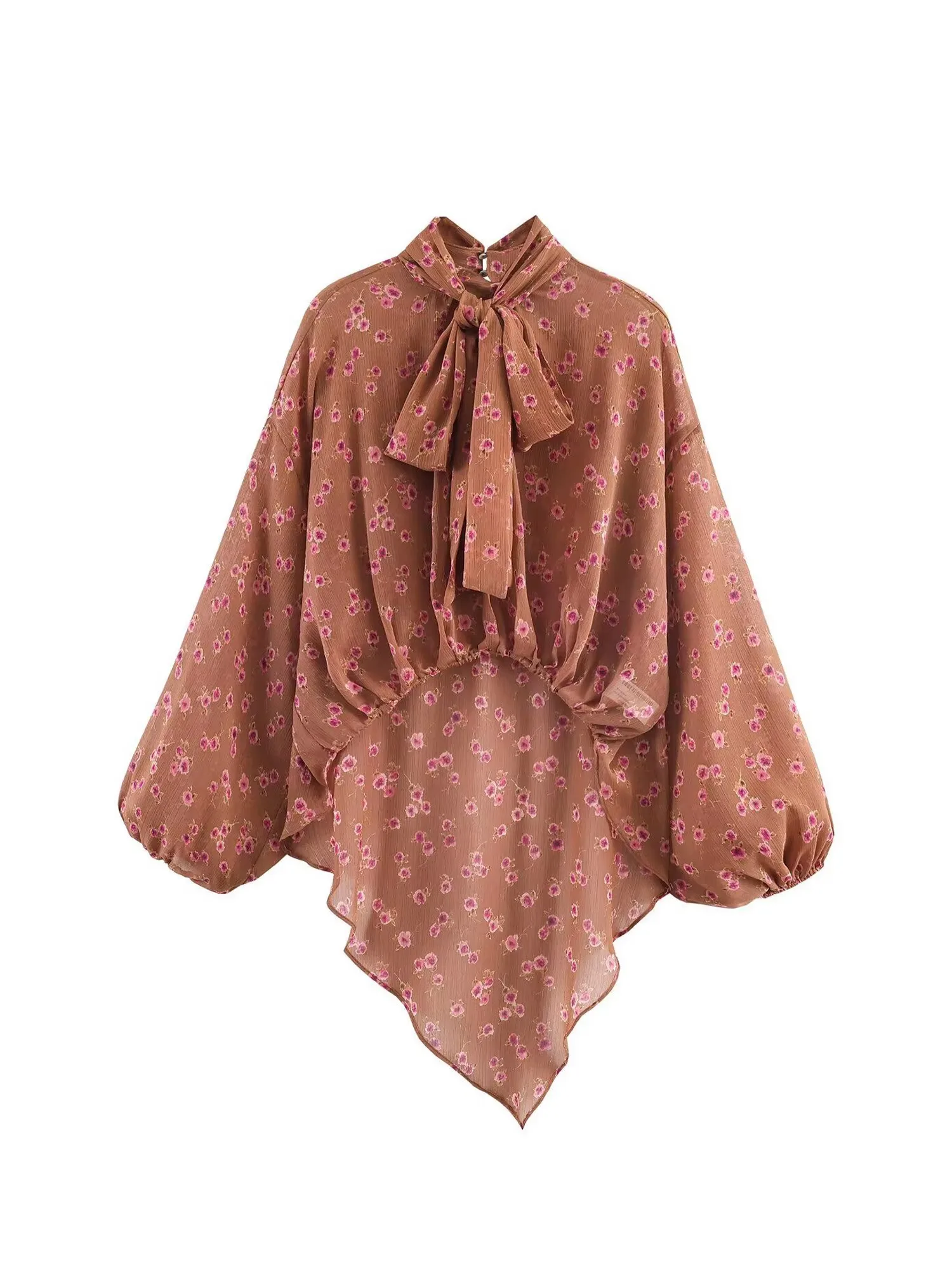 

Women's Khaki Flower Print Bow Shirts Blouses Vintage Elegant 2000s Aesthetic Lace-up Long Sleeve Shirt For Women Spring Clothes