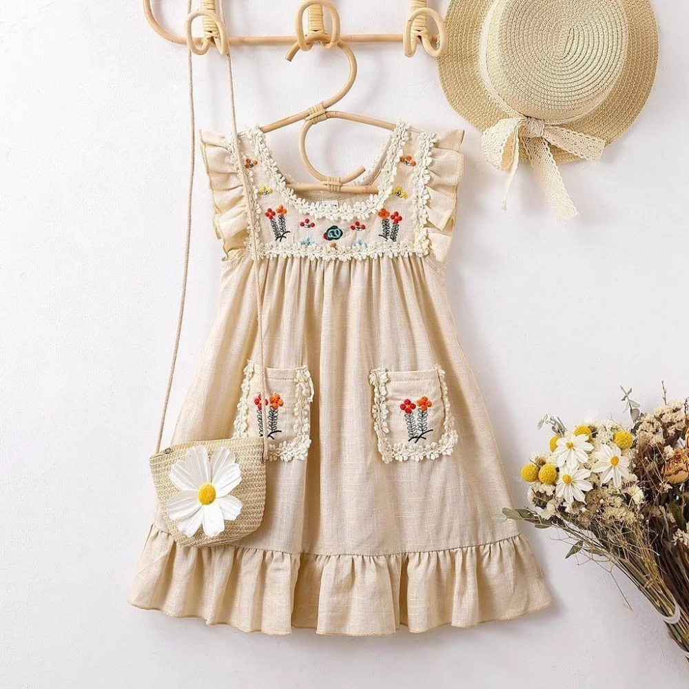 Kids Dresses for Girls Summer Khaki Embroidered Ruffle Edge Dress Sleeveless Lace Round Neck Pocket Dress Kids Clothes